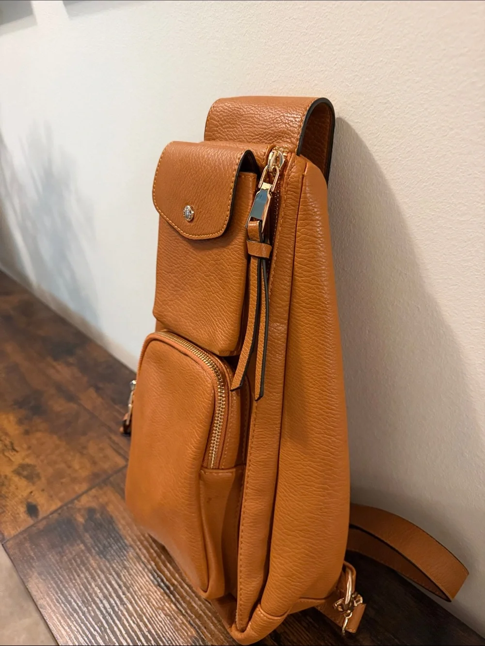 Poppy & Peonies Cognac Leather Sling Backpack with Gold Hardware